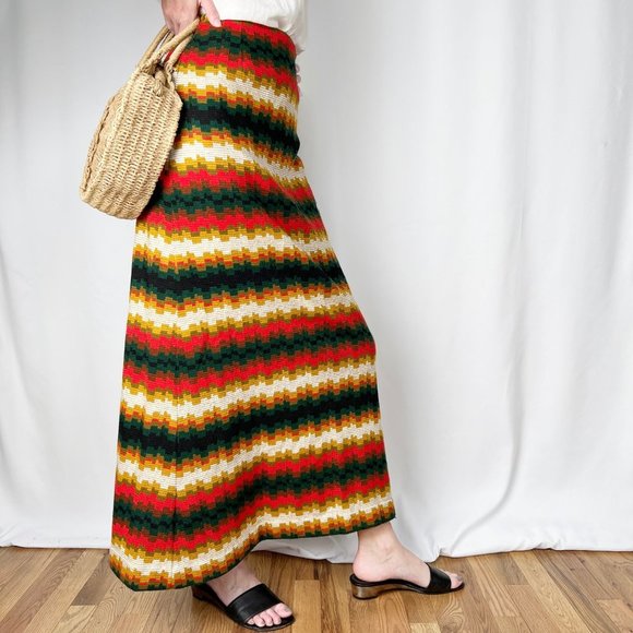 Vintage 70s Maxi Skirt Pillar Column Straight Woven Knit Long High Rise Waisted - Picture 2 of 9